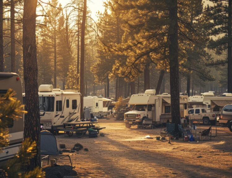 a group of camper vans in a RV park in the afternoon