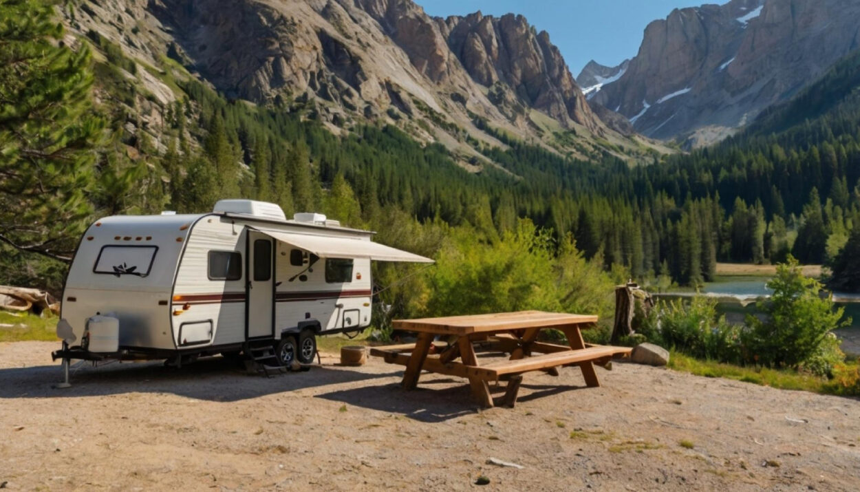 A white camper van in a campsite in the mountains with a wodden bench in front of it