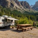 A white camper van in a campsite in the mountains with a wodden bench in front of it