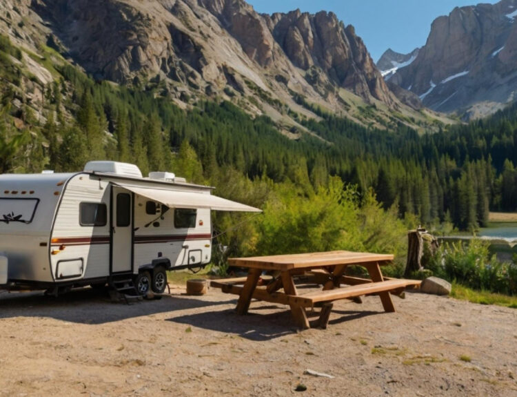 A white camper van in a campsite in the mountains with a wodden bench in front of it