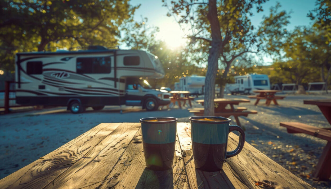 a camper van with two coffee cups in a wodden table