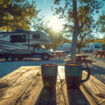 a camper van with two coffee cups in a wodden table