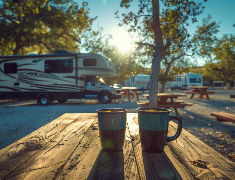 a camper van with two coffee cups in a wodden table