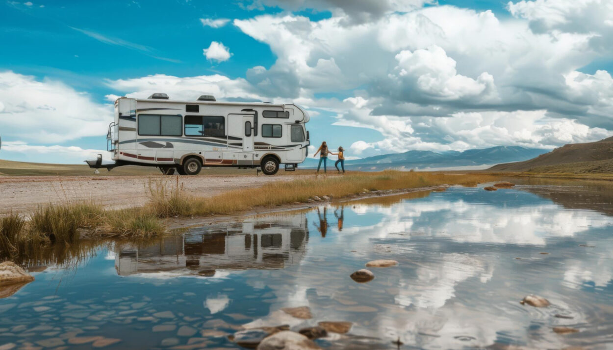 a camper van staying in front of a lake with its reflection and two poeple outside of it enjoying the view