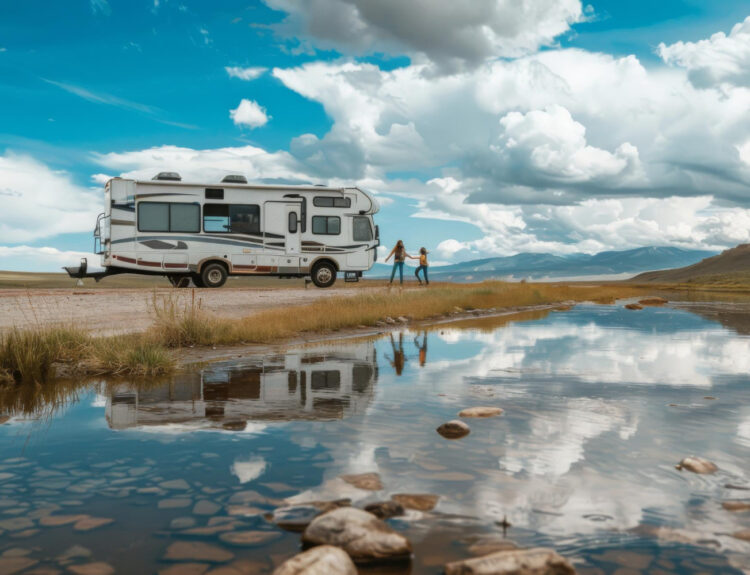 a camper van staying in front of a lake with its reflection and two poeple outside of it enjoying the view