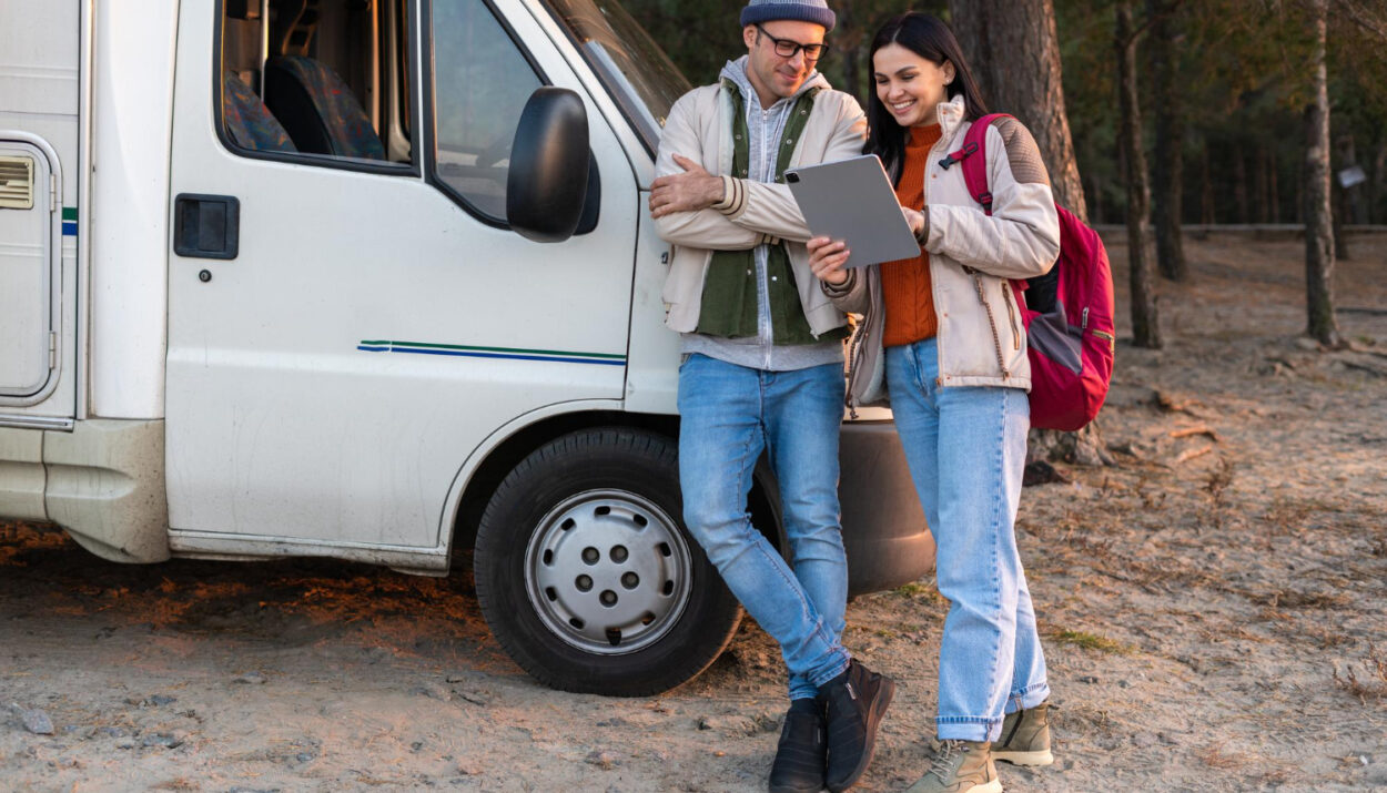 two people looking at a tablet using reservations software for an RV park