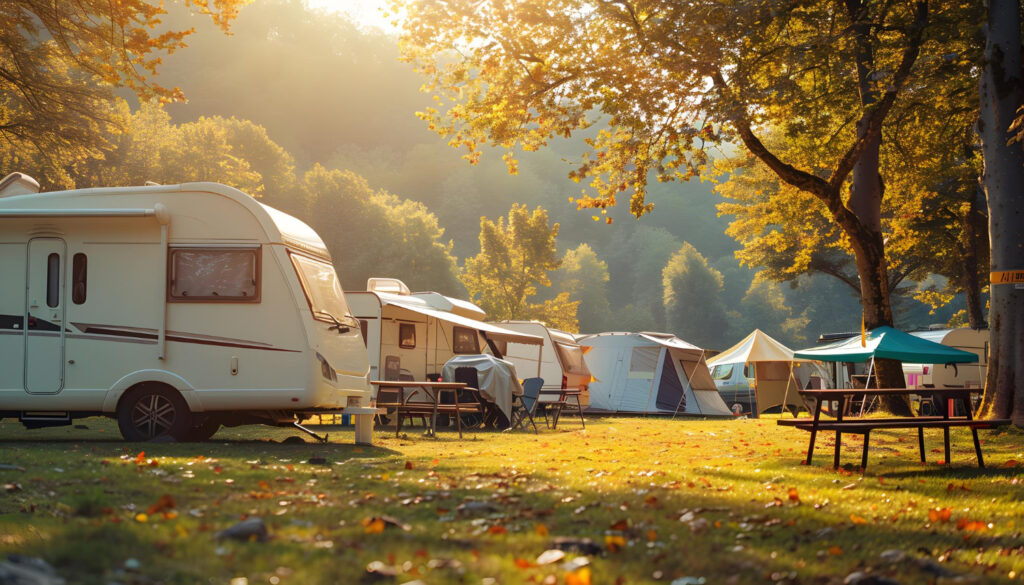 a group of camper vans and tents in a RV park 