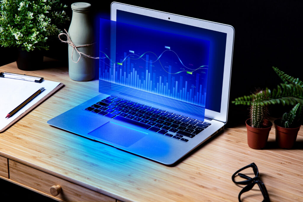 a laptop showcasing a holographic metrics and analytics of a software for RV parks 