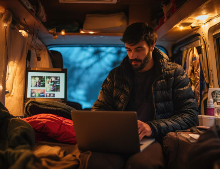 a man using his laptop to use his reservation software