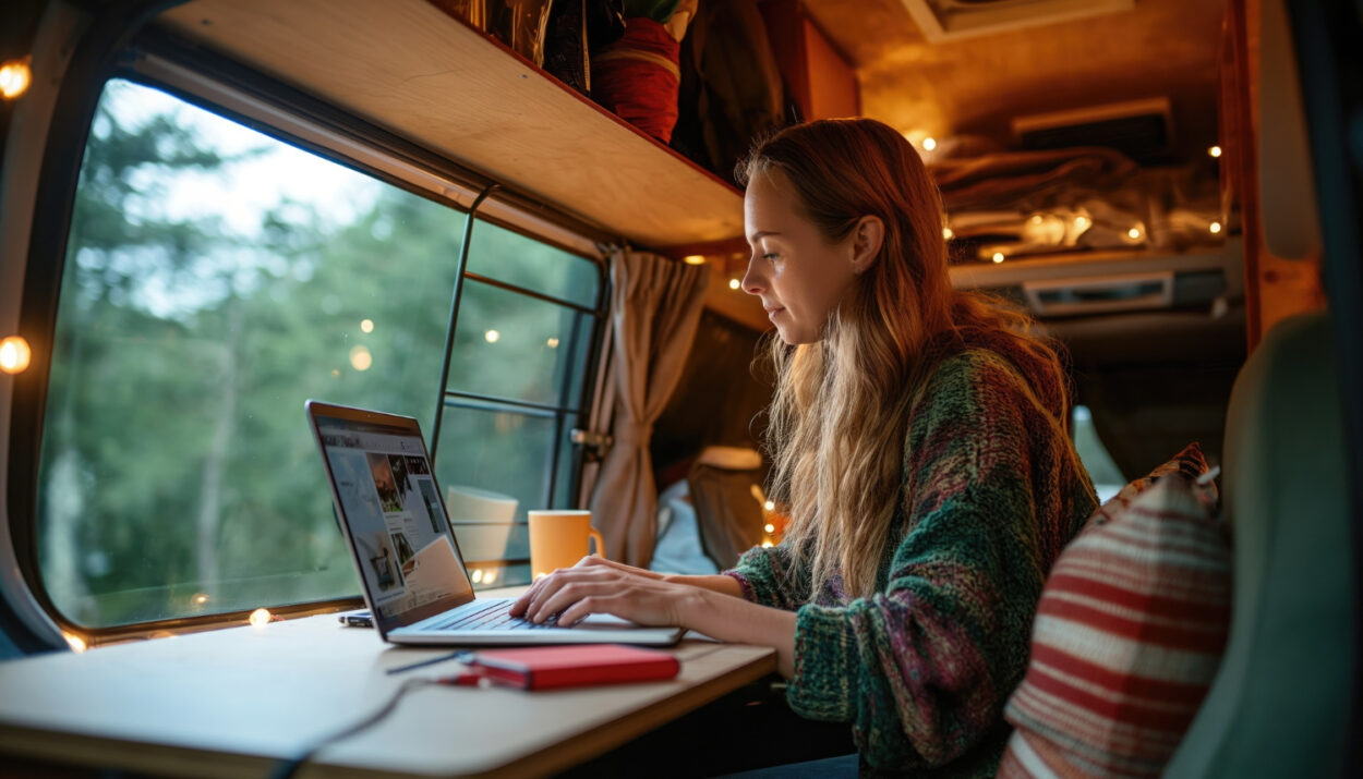 woman checking her laptop using reservation software to book a spot in an RV park