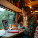 woman checking her laptop using reservation software to book a spot in an RV park