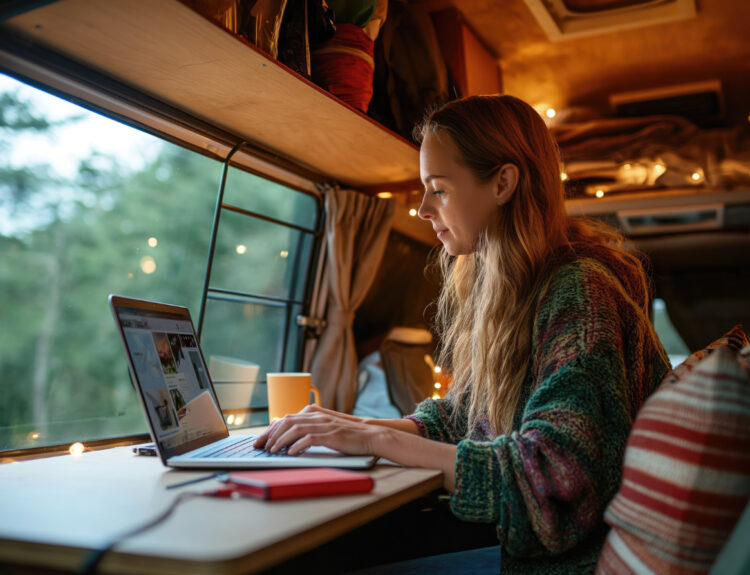 woman checking her laptop using reservation software to book a spot in an RV park