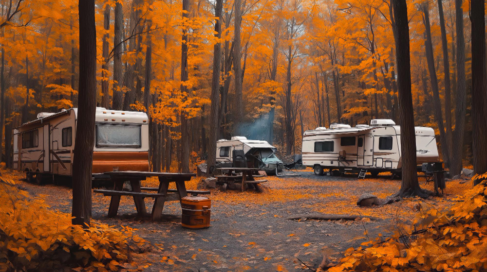 a group of camper vans doing a fall camping 