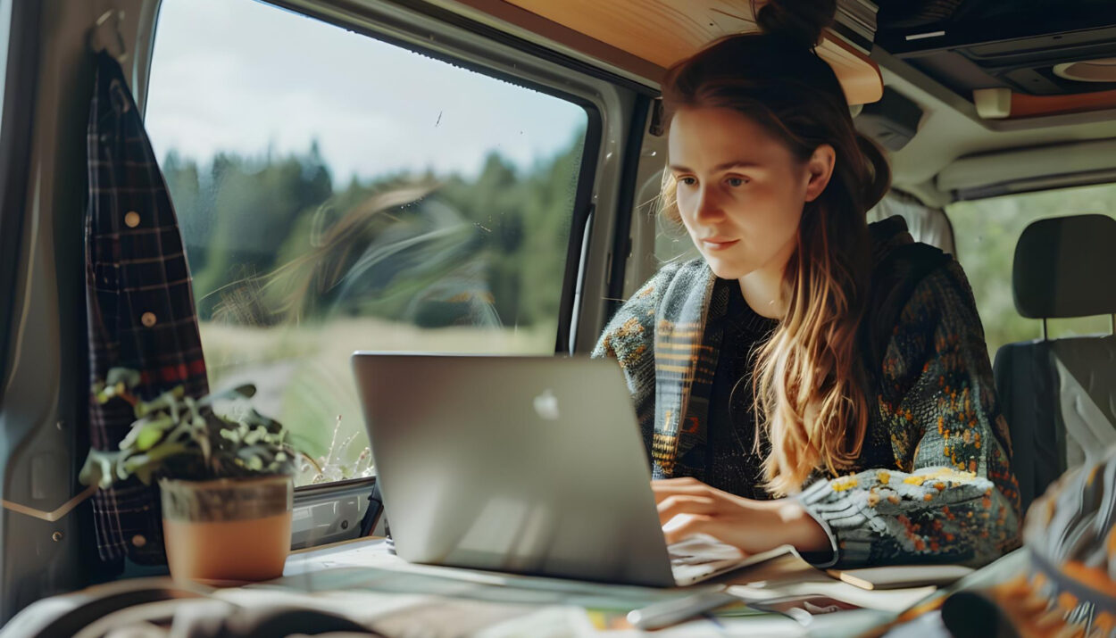 a woman checking her laptop to see her long-term stay in an RV park