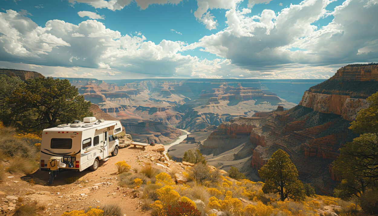 A panoramic view of a camper van on top of a canyon