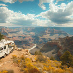 A panoramic view of a camper van on top of a canyon