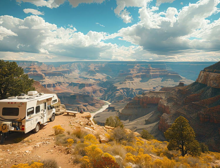 A panoramic view of a camper van on top of a canyon