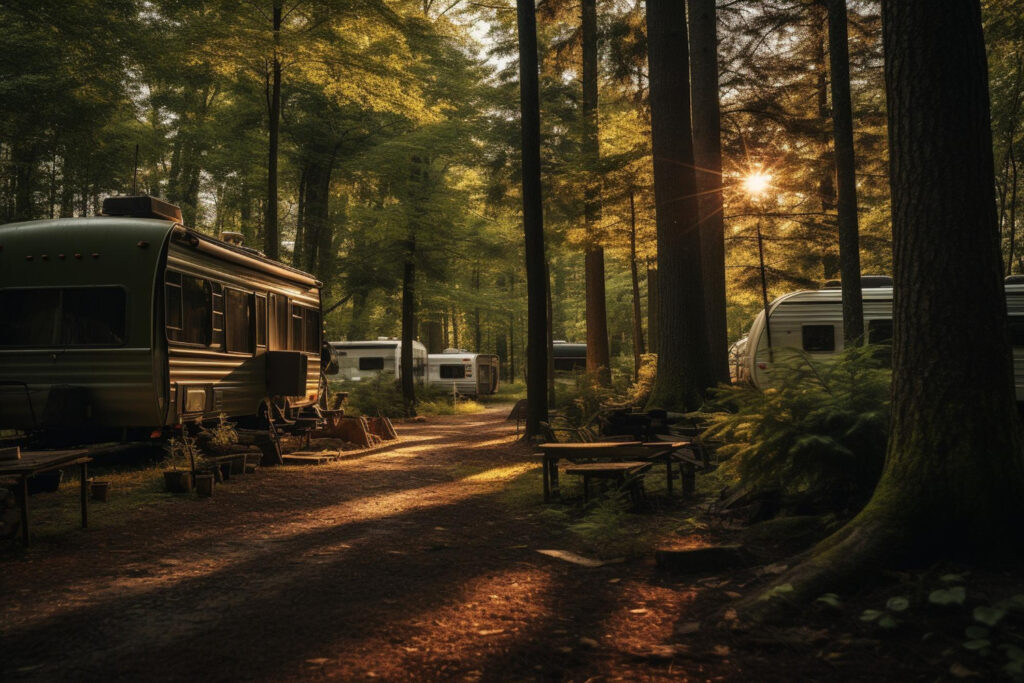 a group of camper vans in a RV park spot 