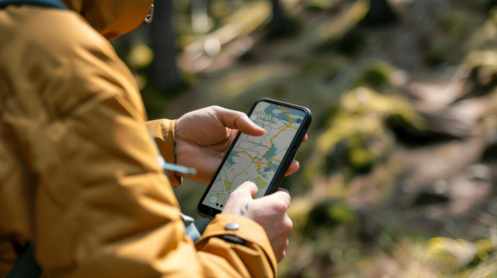 a person using his phone to checl the map of his RV park using reservation software 