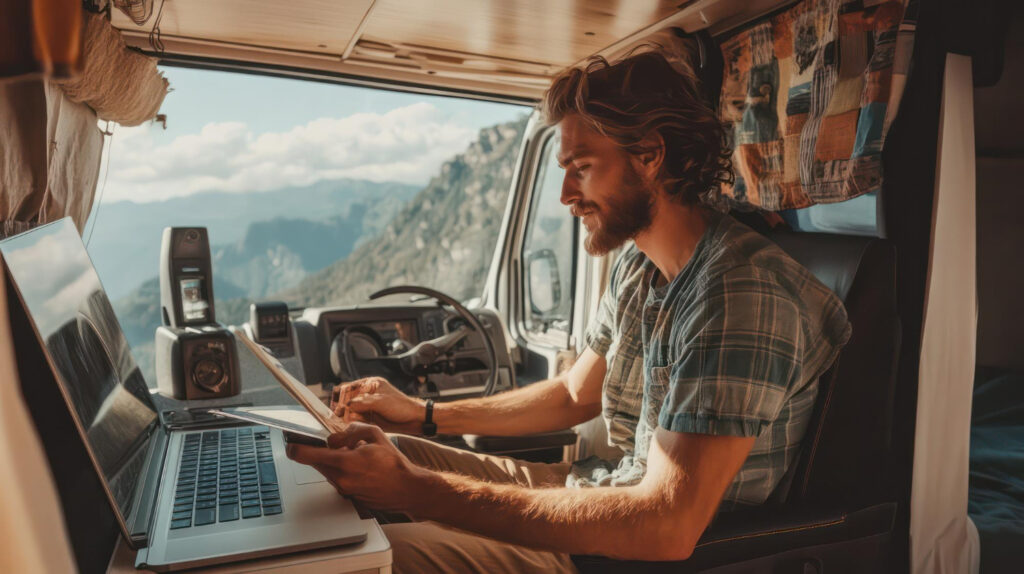 a man writing the pricing of his campground using reservation software in a laptop