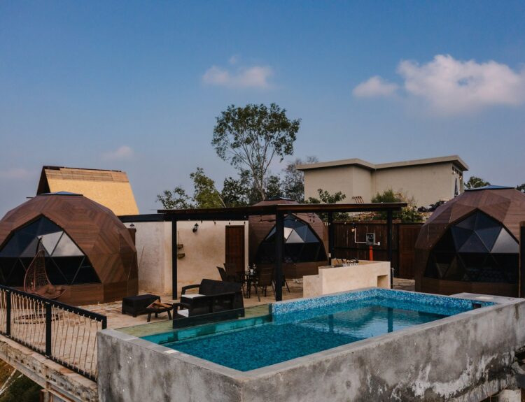 A glamping site with a pool