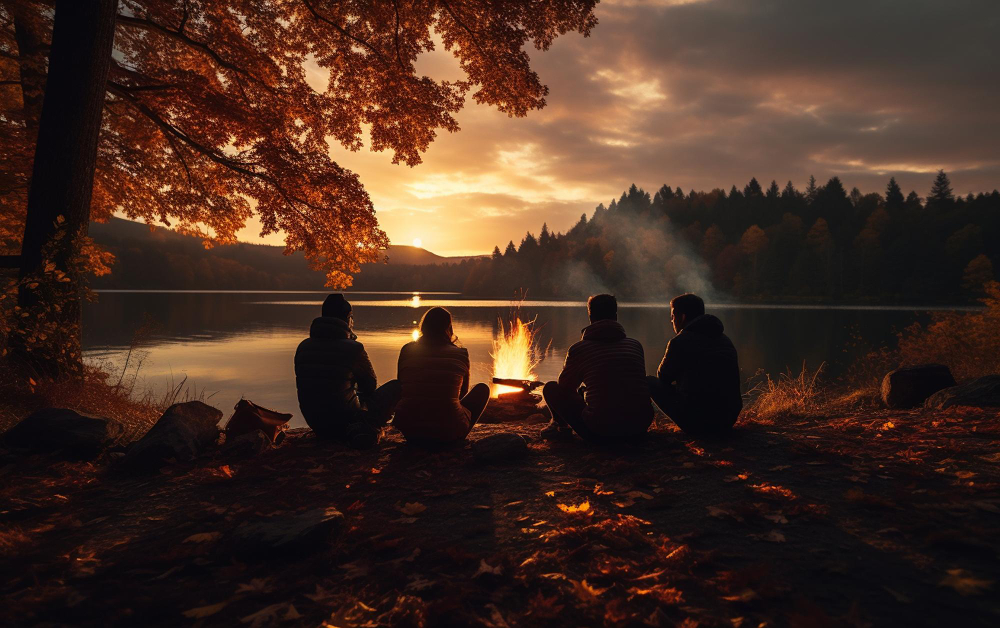 a group of friends enjoying their stay during the sunset in fall in front of a campfire 