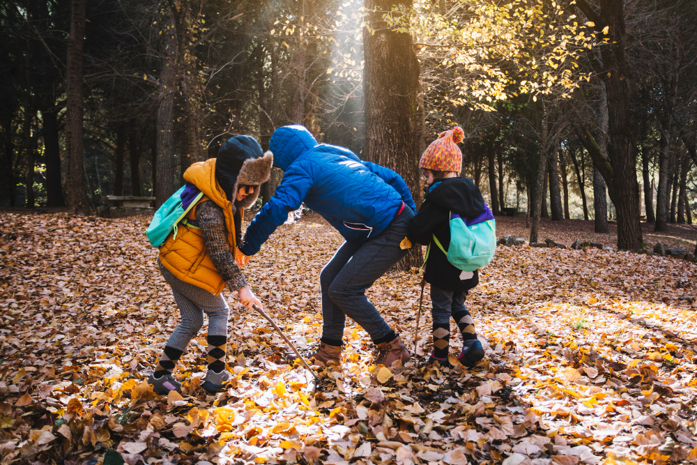 a family playing in the forest during fall to attract guests and enjoy their stay