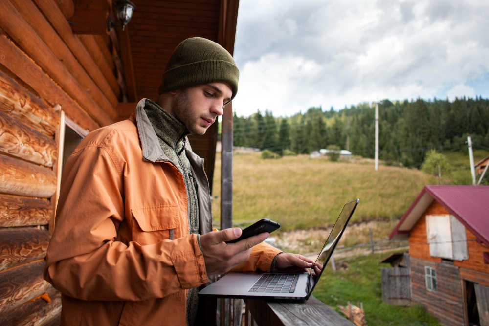 a man using his laptop managing the multiple booking sites of his campground 